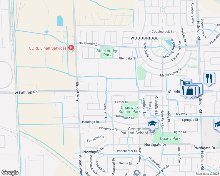 map of restaurants, bars, coffee shops, grocery stores, and more near 2967 West Lathrop Road in Manteca