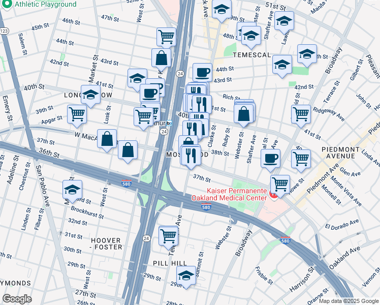 map of restaurants, bars, coffee shops, grocery stores, and more near in Oakland