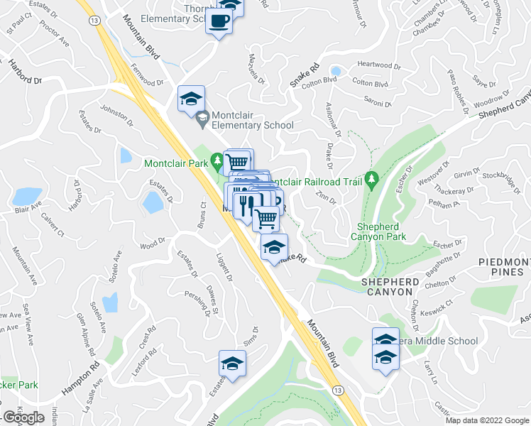 map of restaurants, bars, coffee shops, grocery stores, and more near 6218 La Salle Avenue in Oakland