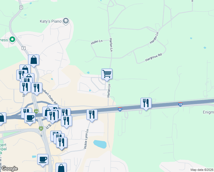 map of restaurants, bars, coffee shops, grocery stores, and more near 22862 Honeysuckle Road in Saint Robert