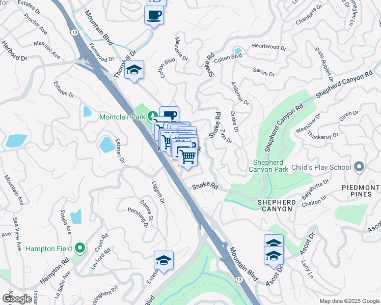 map of restaurants, bars, coffee shops, grocery stores, and more near 6211 La Salle Avenue in Oakland