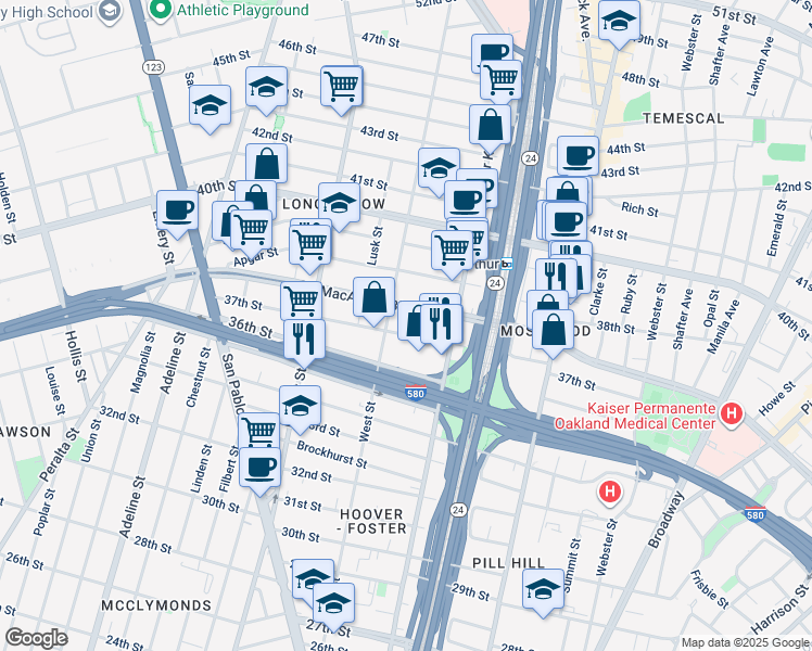 map of restaurants, bars, coffee shops, grocery stores, and more near 716 37th Street in Oakland