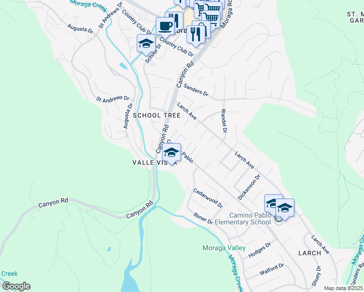 map of restaurants, bars, coffee shops, grocery stores, and more near 1013 Camino Pablo in Moraga