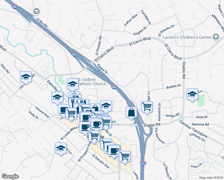 map of restaurants, bars, coffee shops, grocery stores, and more near 394 Ilo Lane in Danville