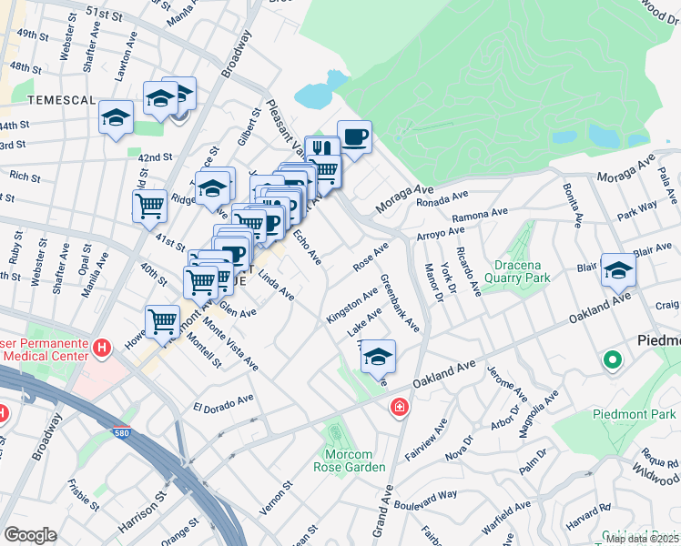 map of restaurants, bars, coffee shops, grocery stores, and more near 999 Rose Avenue in Oakland