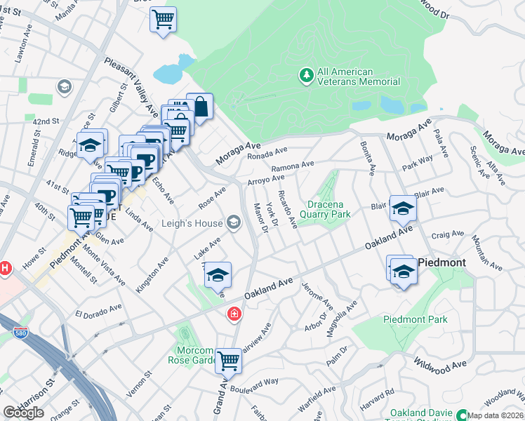 map of restaurants, bars, coffee shops, grocery stores, and more near 46 Manor Drive in Piedmont