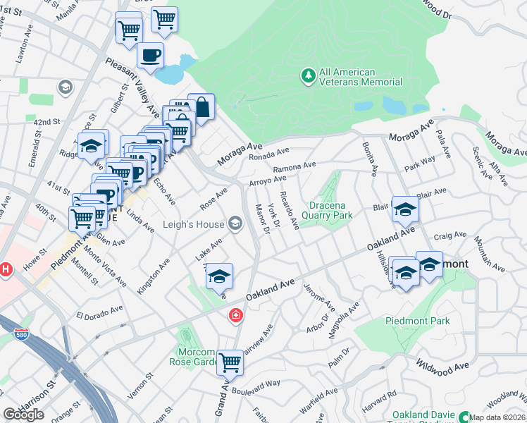 map of restaurants, bars, coffee shops, grocery stores, and more near 46 Manor Drive in Piedmont