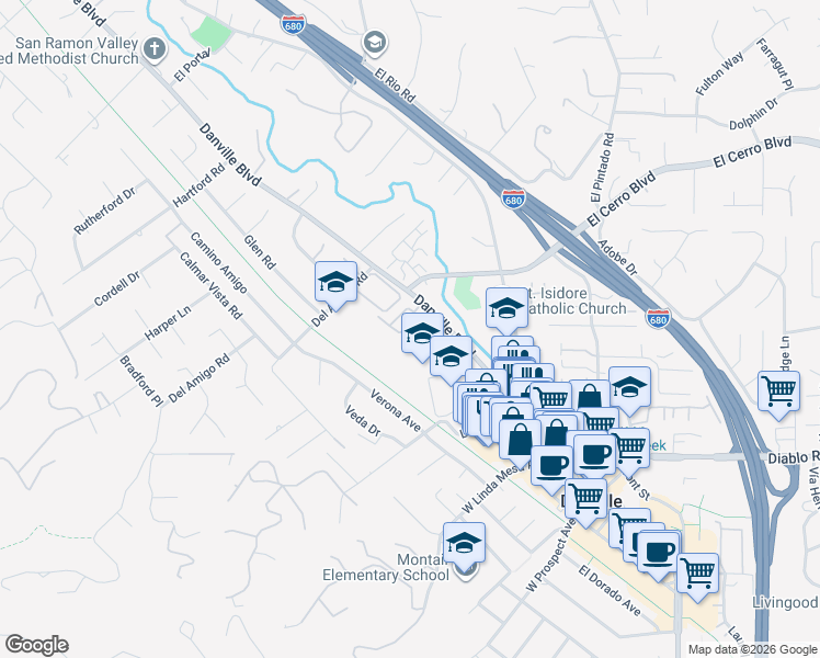 map of restaurants, bars, coffee shops, grocery stores, and more near 57 Danville Oak Place in Danville