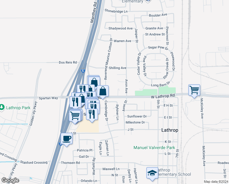map of restaurants, bars, coffee shops, grocery stores, and more near 375 West Lathrop Road in Lathrop
