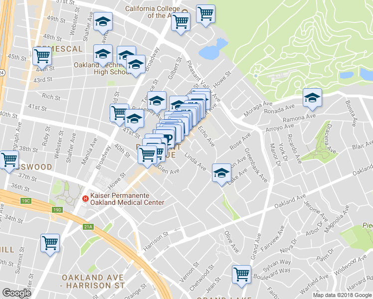 map of restaurants, bars, coffee shops, grocery stores, and more near 4206 Arroyuelo Avenue in Oakland