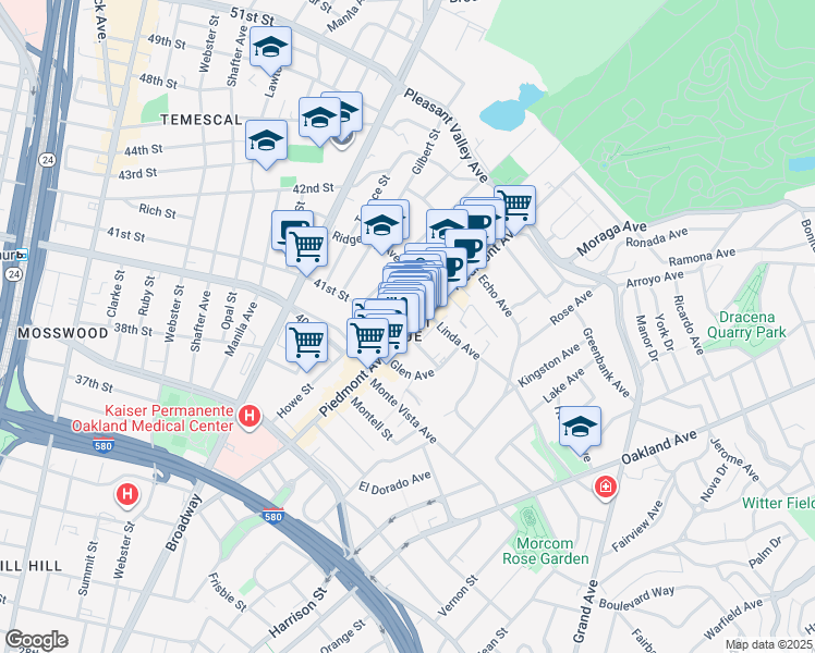 map of restaurants, bars, coffee shops, grocery stores, and more near 4176 Piedmont Avenue in Oakland