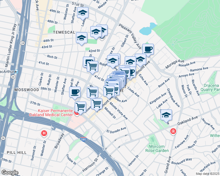 map of restaurants, bars, coffee shops, grocery stores, and more near in Oakland