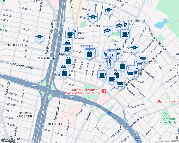 map of restaurants, bars, coffee shops, grocery stores, and more near 3817 Shafter Avenue in Oakland