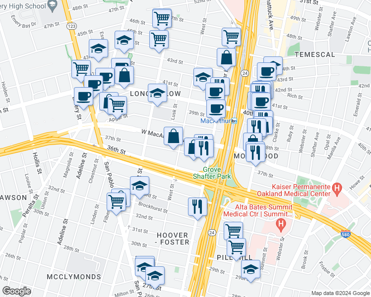 map of restaurants, bars, coffee shops, grocery stores, and more near 716 37th Street in Oakland