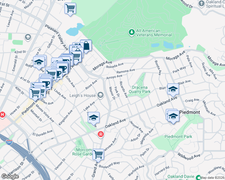 map of restaurants, bars, coffee shops, grocery stores, and more near 46 Manor Drive in Piedmont