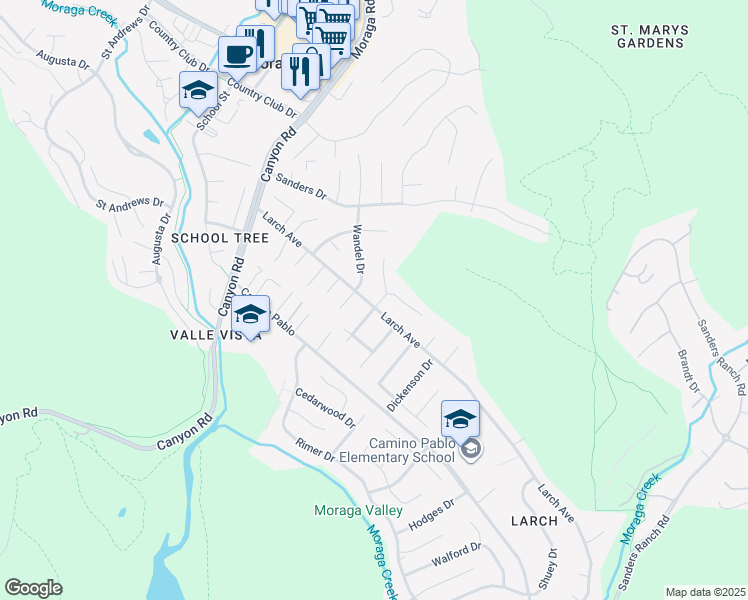 map of restaurants, bars, coffee shops, grocery stores, and more near 1073 Larch Avenue in Moraga
