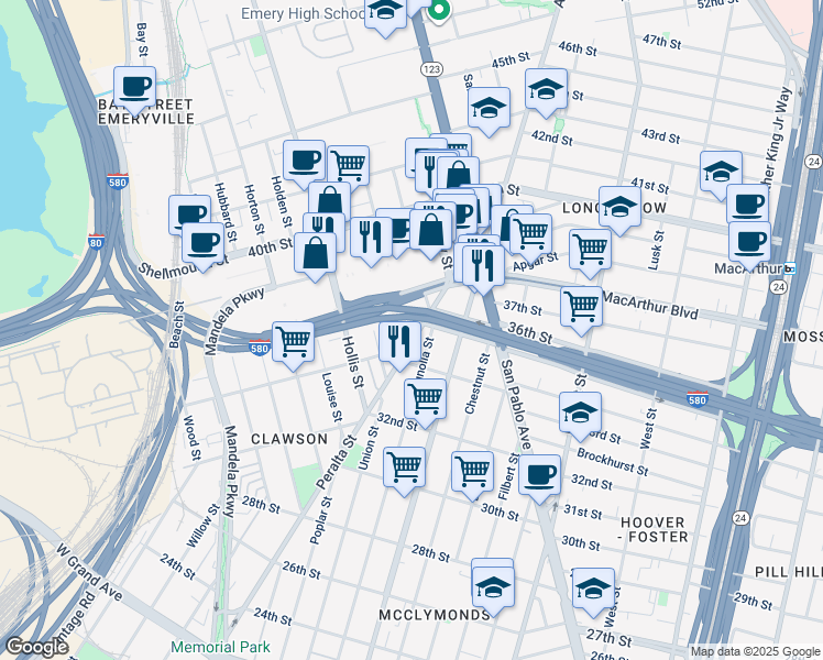 map of restaurants, bars, coffee shops, grocery stores, and more near 3532 Peralta Street in Oakland