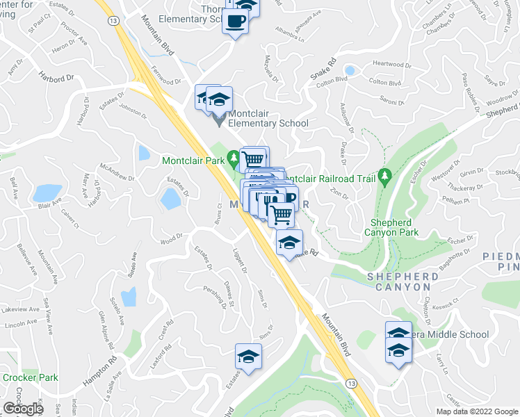 map of restaurants, bars, coffee shops, grocery stores, and more near 6118 Medau Place in Oakland