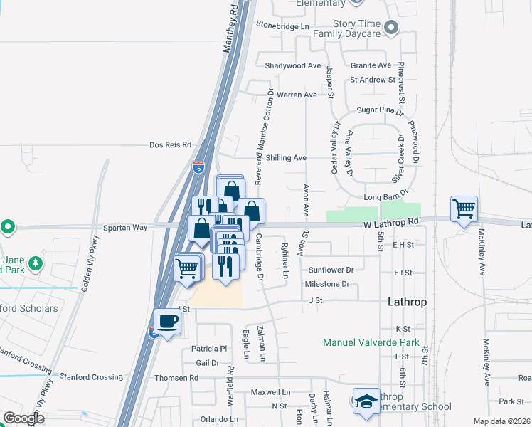 map of restaurants, bars, coffee shops, grocery stores, and more near 14880 Reverend Maurice Cotton Drive in Lathrop