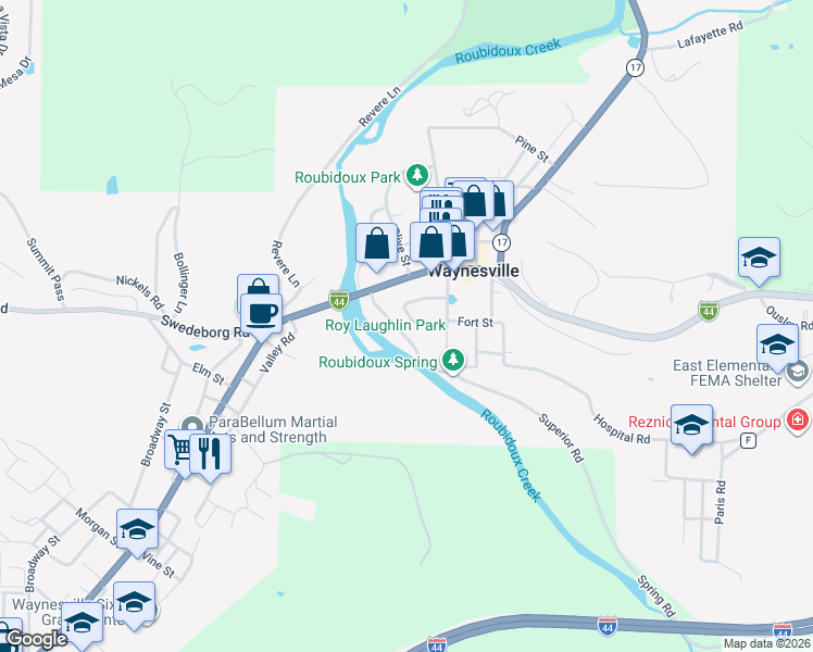 map of restaurants, bars, coffee shops, grocery stores, and more near 124 Bluff Circle in Waynesville