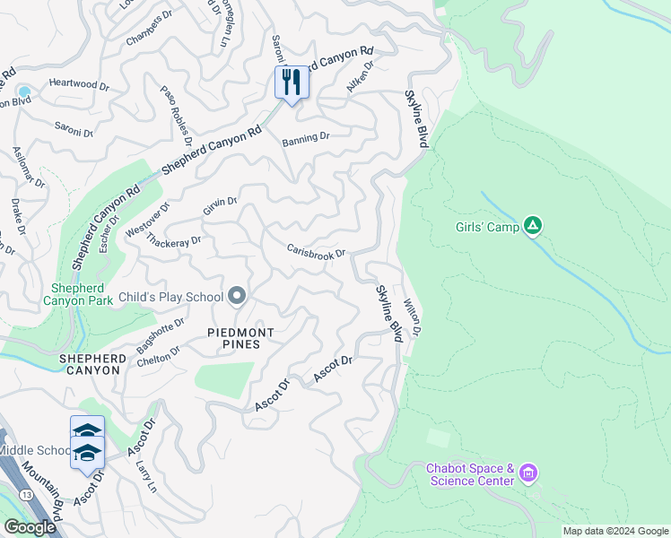 map of restaurants, bars, coffee shops, grocery stores, and more near 2743 Carisbrook Drive in Oakland