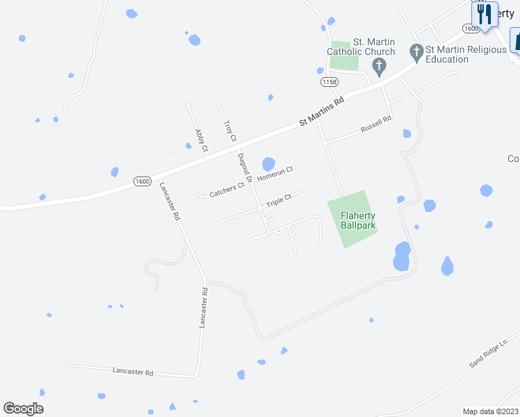 map of restaurants, bars, coffee shops, grocery stores, and more near Dugout Drive in Vine Grove