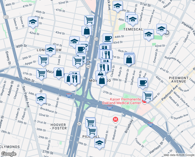 map of restaurants, bars, coffee shops, grocery stores, and more near 544 West MacArthur Boulevard in Oakland
