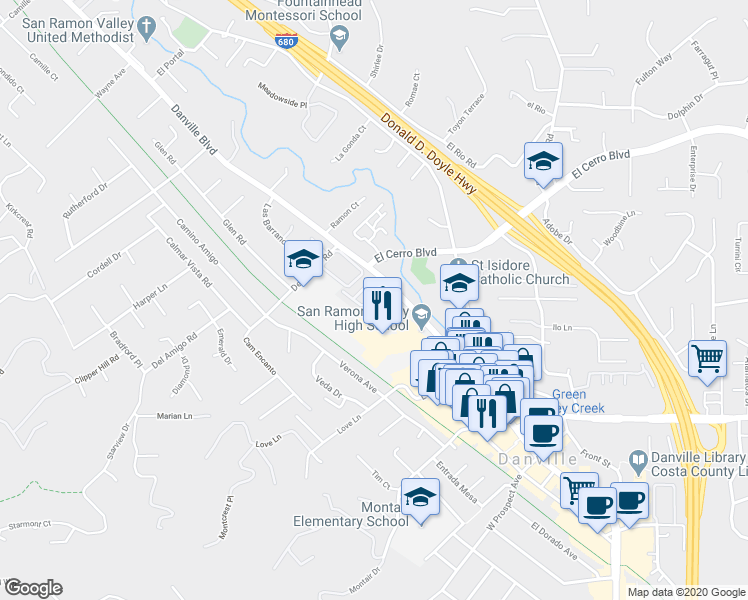 map of restaurants, bars, coffee shops, grocery stores, and more near 59 Danville Oak Place in Danville