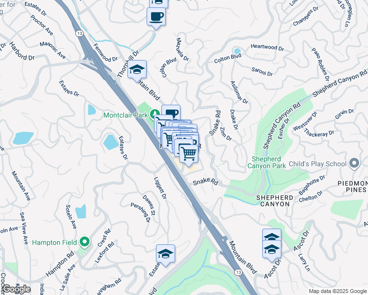 map of restaurants, bars, coffee shops, grocery stores, and more near 6211 La Salle Avenue in Oakland