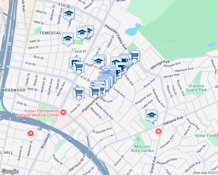 map of restaurants, bars, coffee shops, grocery stores, and more near 4176 Piedmont Avenue in Oakland