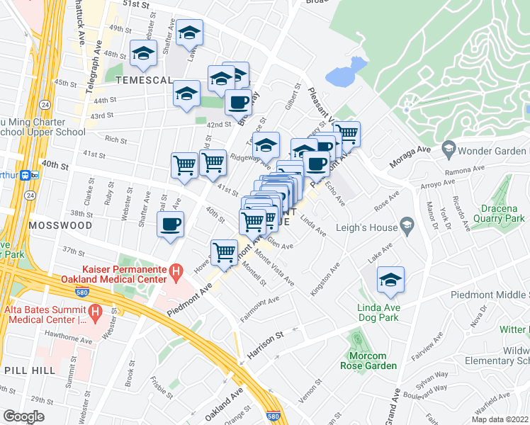 map of restaurants, bars, coffee shops, grocery stores, and more near in Oakland