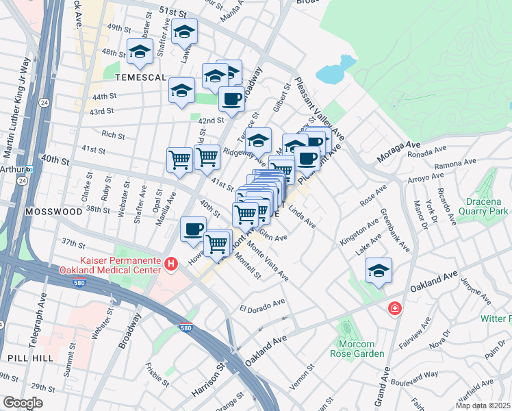 map of restaurants, bars, coffee shops, grocery stores, and more near in Oakland