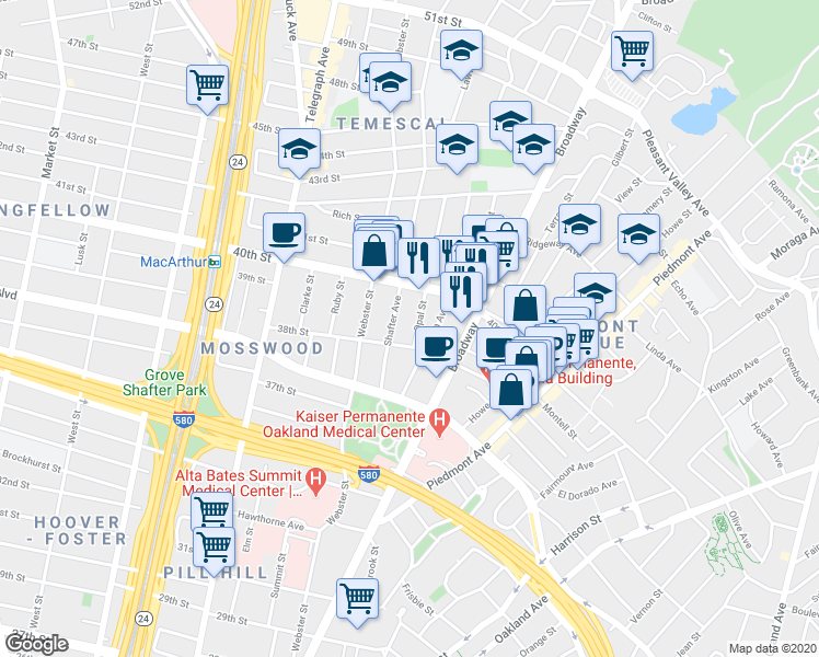map of restaurants, bars, coffee shops, grocery stores, and more near 3834 Opal Street in Oakland