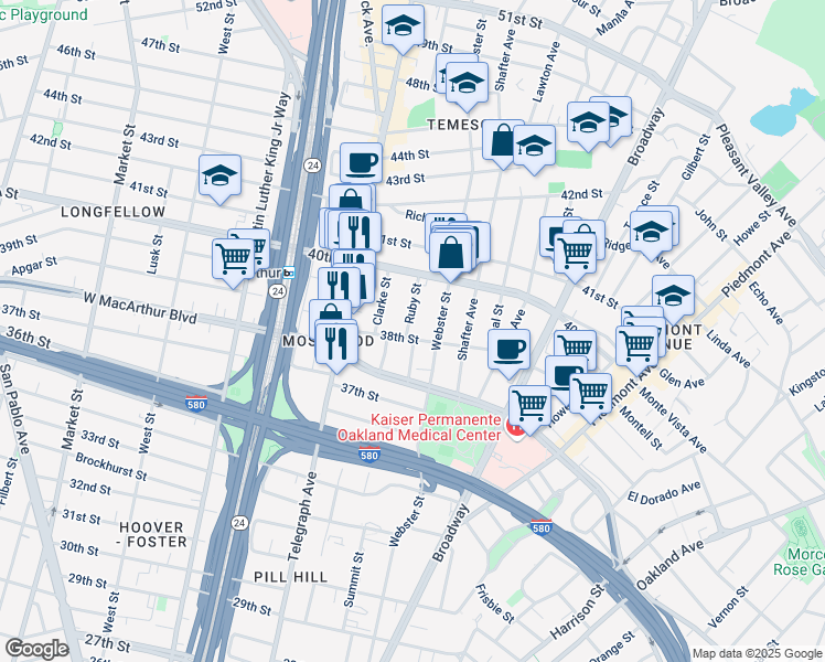 map of restaurants, bars, coffee shops, grocery stores, and more near 438 38th Street in Oakland