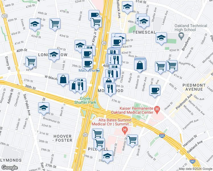 map of restaurants, bars, coffee shops, grocery stores, and more near 544 West MacArthur Boulevard in Oakland