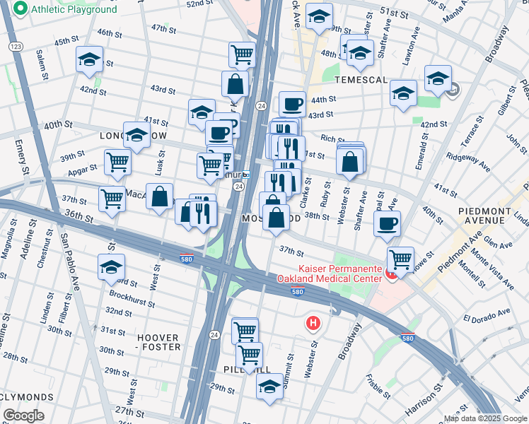map of restaurants, bars, coffee shops, grocery stores, and more near 544 West MacArthur Boulevard in Oakland