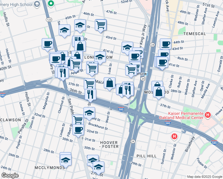 map of restaurants, bars, coffee shops, grocery stores, and more near 822 37th Street in Oakland