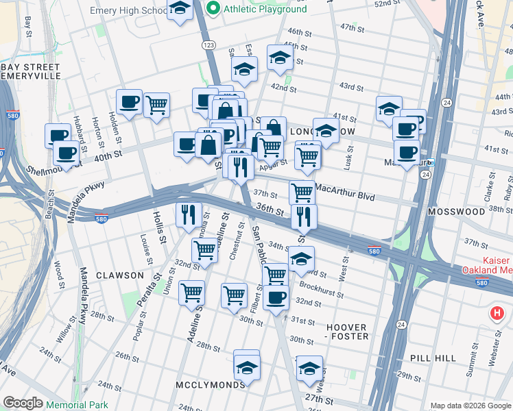 map of restaurants, bars, coffee shops, grocery stores, and more near 3600 San Pablo Avenue in Emeryville