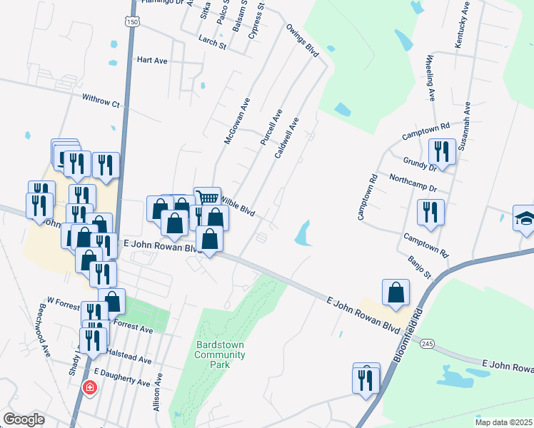 map of restaurants, bars, coffee shops, grocery stores, and more near 107 Ashberry Drive in Bardstown