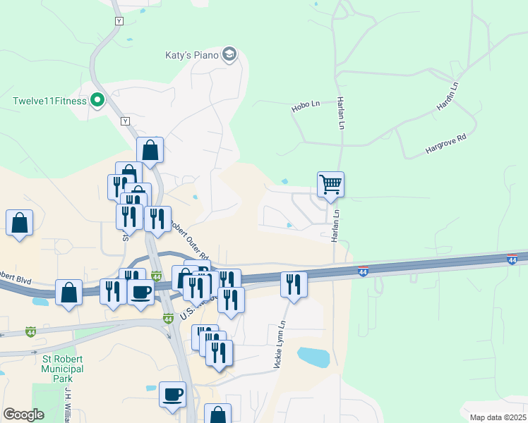 map of restaurants, bars, coffee shops, grocery stores, and more near 16218 Hershey Drive in Saint Robert