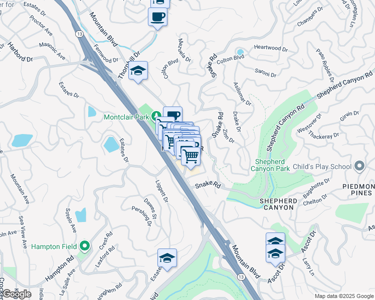 map of restaurants, bars, coffee shops, grocery stores, and more near 6211 La Salle Avenue in Oakland