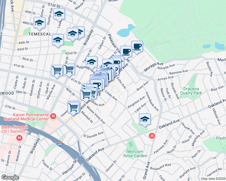 map of restaurants, bars, coffee shops, grocery stores, and more near 4206 Arroyuelo Avenue in Oakland