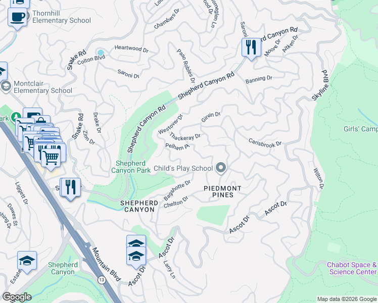map of restaurants, bars, coffee shops, grocery stores, and more near 2355 Pelham Place in Oakland
