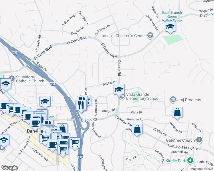 map of restaurants, bars, coffee shops, grocery stores, and more near 581 Bobbie Drive in Danville