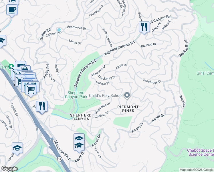 map of restaurants, bars, coffee shops, grocery stores, and more near 2347 Pelham Place in Oakland