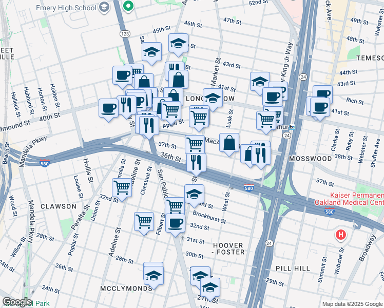 map of restaurants, bars, coffee shops, grocery stores, and more near 911 37th St in Oakland