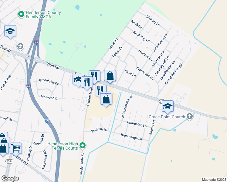 map of restaurants, bars, coffee shops, grocery stores, and more near 2614 Zion Road in Henderson