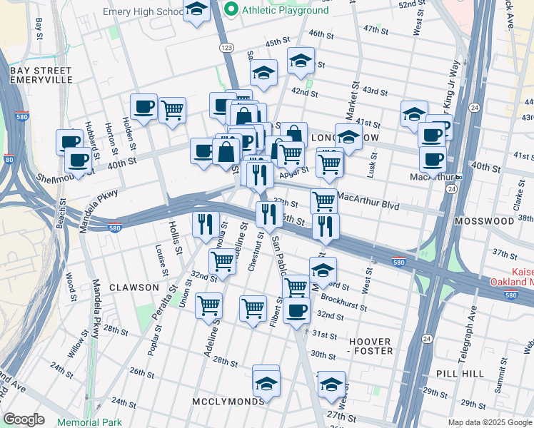 map of restaurants, bars, coffee shops, grocery stores, and more near San Pablo Avenue & 36th Street in Oakland