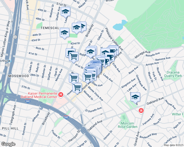 map of restaurants, bars, coffee shops, grocery stores, and more near in Oakland