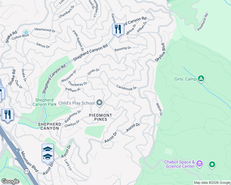map of restaurants, bars, coffee shops, grocery stores, and more near 2708 Darnby Dr in Oakland